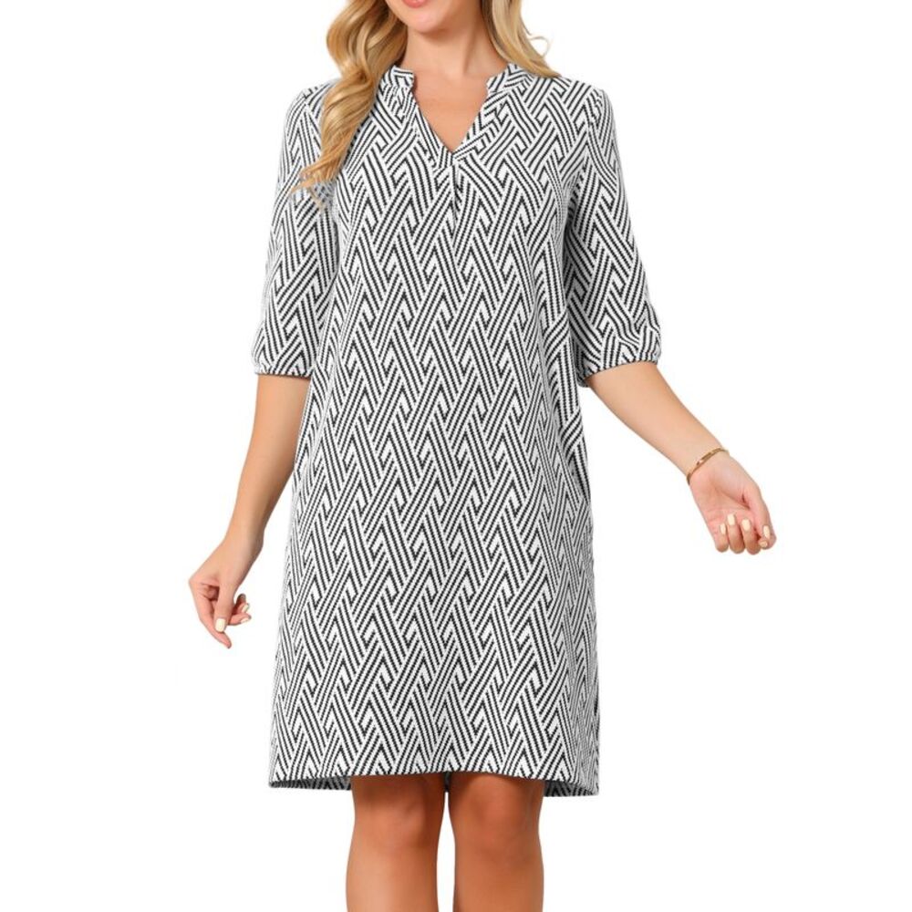 Women's Casual Dress 3/4 Sleeve V Neck Zigzag Print Loose Dress White
